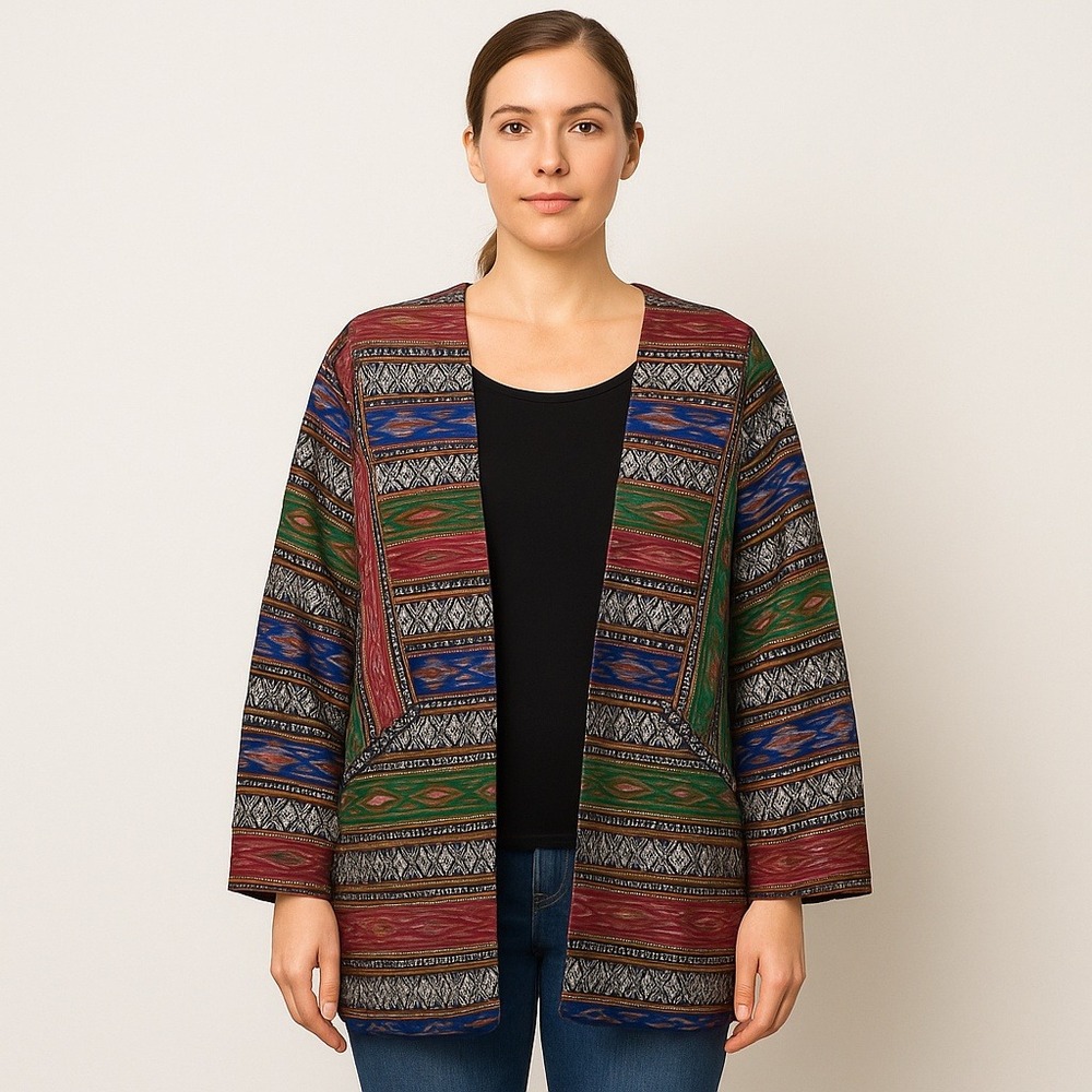 Vintage Village Weaver Thai Silk Jacket Medium Boho Ikat Pattern Open Front Coat